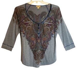 OneWorld women's geometric print long sleeves pullover blouse. 5026